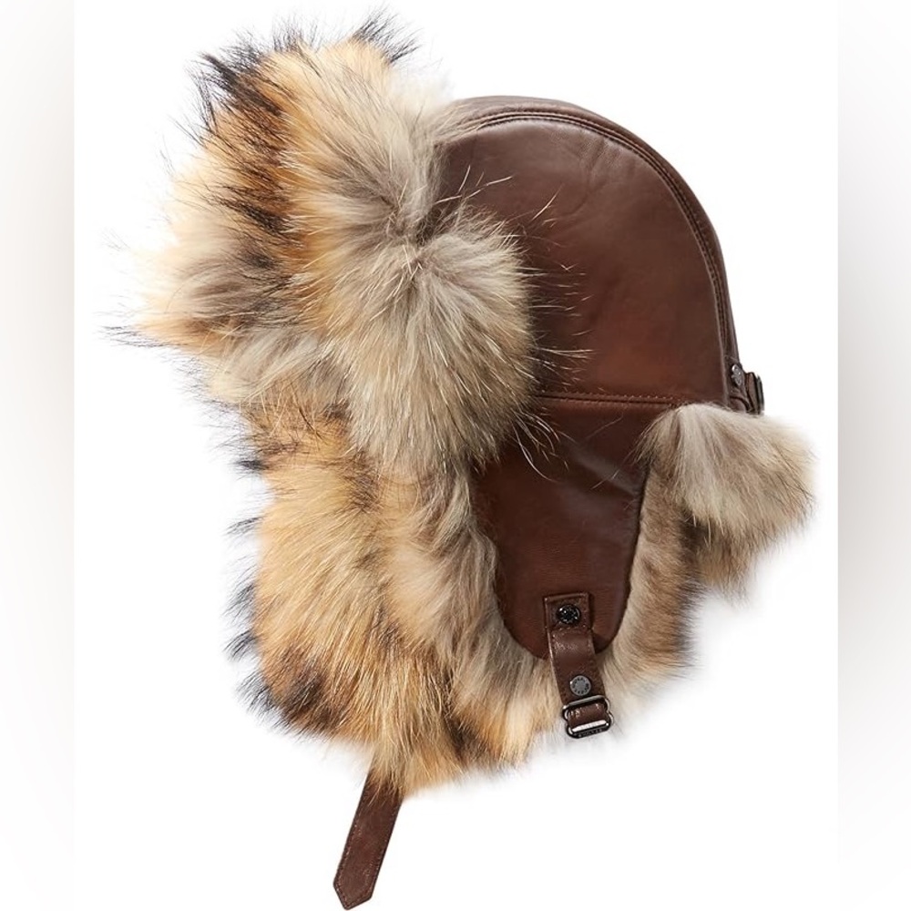 RUDSAK Brown Leather & Fur Aviator Winter Hat NWT